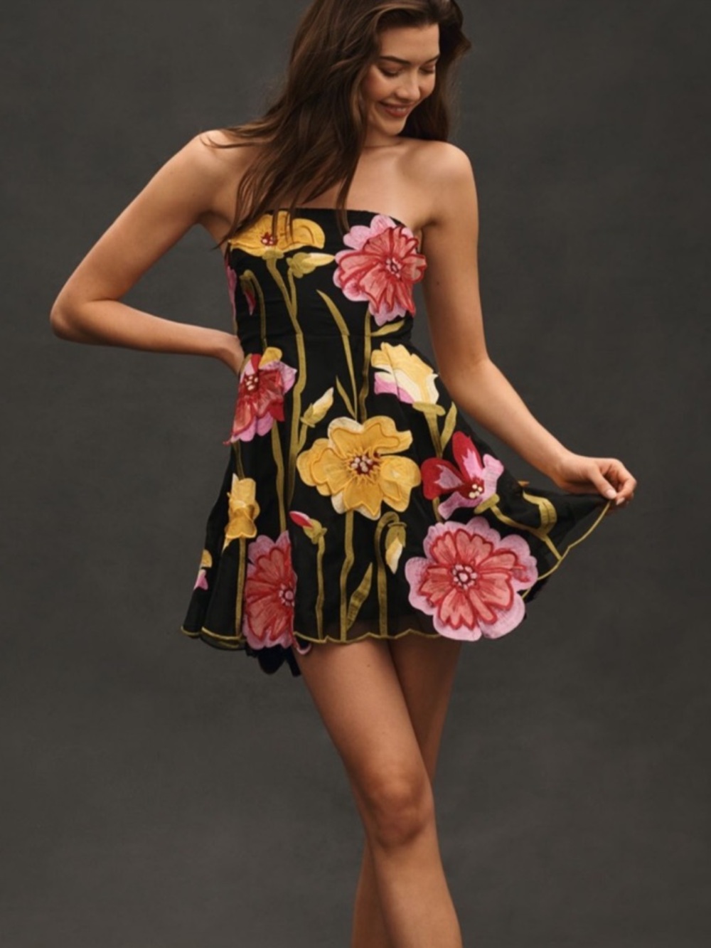 ANTHROPOLOGIE Strapless Floral Organza Mini Dress Size XL NEW
